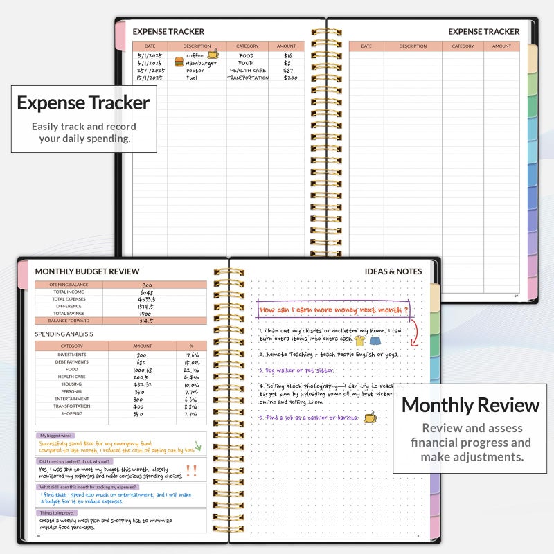 ساني مخطط ميزانية SUNEE - كتاب ميزانية شهرية مع دفتر ملاحظات لتتبع النفقات، منظم فاتورة غير مؤرخ لمدة 12 شهرًا ومخطط مالي لإدارة أموالك، دفتر حساب A5 (6.4 بوصة × 8.3 بوصة) مع علامة تبويب ملونة، أسود - Image 4